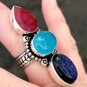 New Oversized Blue Sunstone, Chalcedony & Ruby Silver Ring.